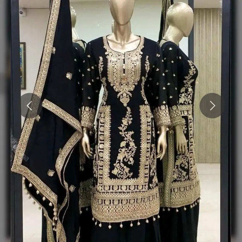 FANCY CHINON Embroidery CODING Dori Sequence Work Top Palazzo with Dupatta Black - Women's Costume, Womenswear
