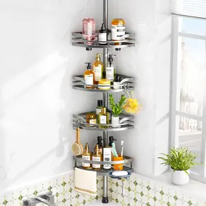 Shower  Tension Pole:4-Tier Rustproof Bathroom Corner Shelf for Renters - -121inches Adjustable Bathtub Organizer with Soap Holder-large capacity rack for Shampoo Storage  Accessory