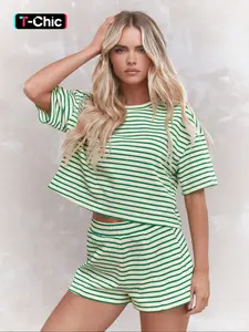 Women's Striped Print Crop Top & Shorts Loungewear Set, Casual Comfy Round Neck Short Sleeve Top & Shorts PJ Set, Shorts Pajama Set, Ladies Sleepwear for All Seasons