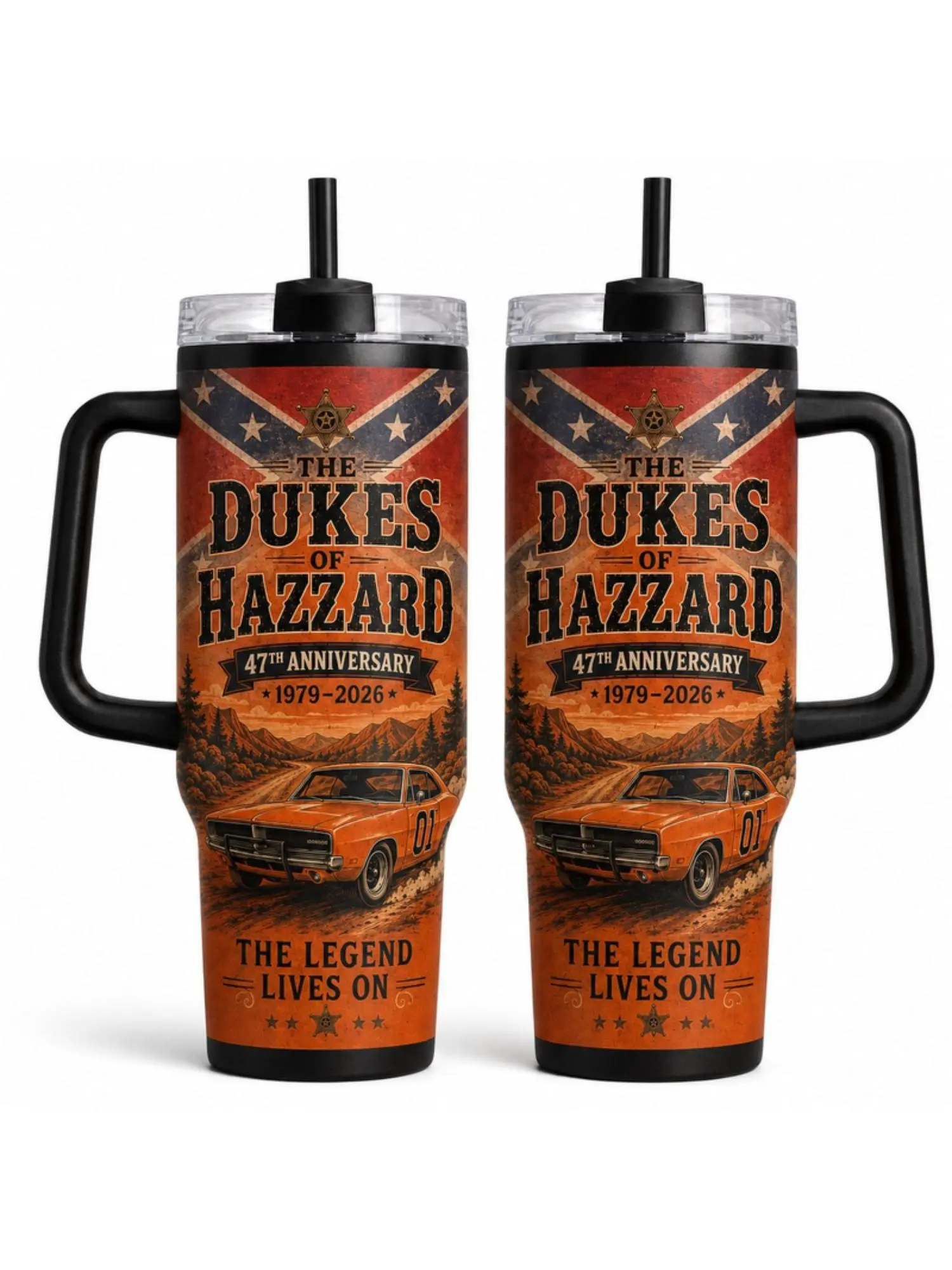 The Dukes of Hazzard General Lee 01 Insulated Stainless Steel Tumbler - 30oz/40oz With Handle & Lid, Vintage Orange Printed Classic TV Show Fan Cup With Retro Car Cast Graphic, Americana Gift