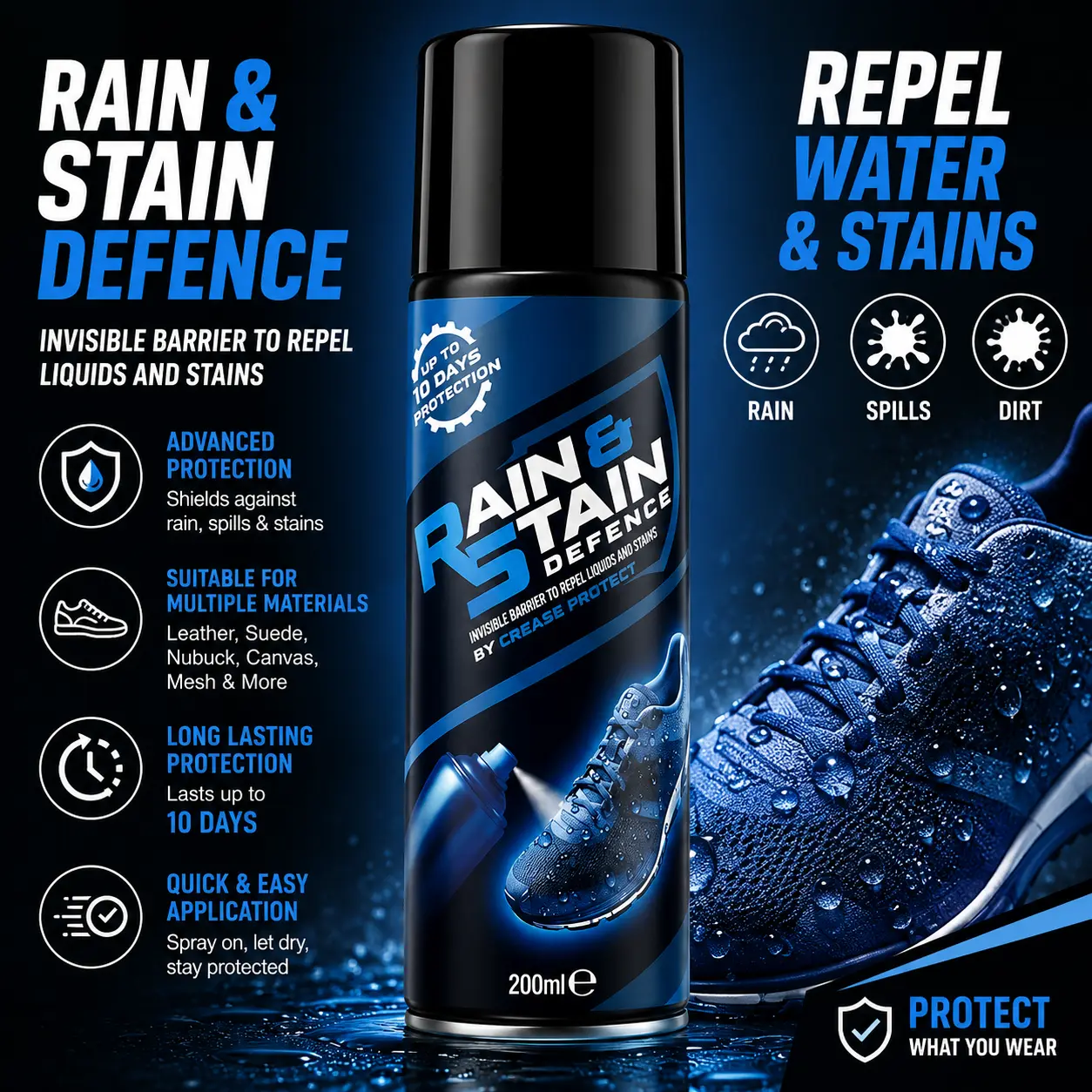 Rain & Stain Defence Spray for Shoe’s - Premium Suede Protector & Waterproof Shoe Spray Safe for Any Color & White - Liquid Stain Repellent Shield for Crep, Trainers, Boots, Uggs