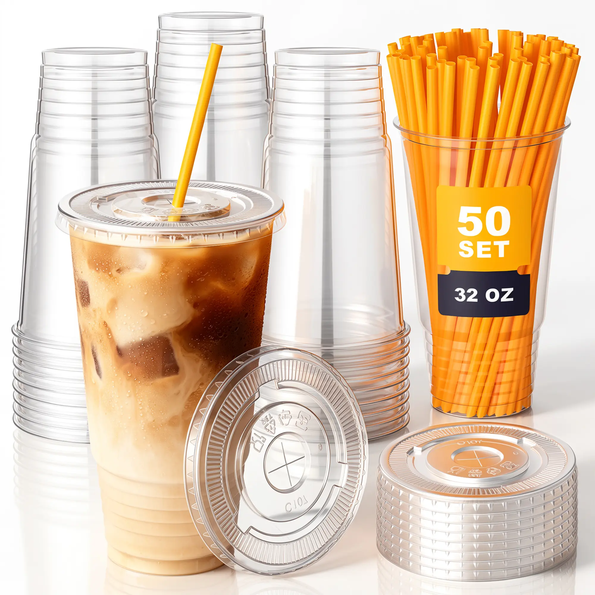 50set 32oz Clear Disposable Plastic Cups （with Lids and orange Straws） iced coffee cups  with lids and straws BPA-Free, Recyclable, Leakproof Disposable for Iced Coffee, dirty soda，lemonade ， to-go