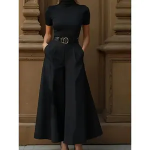 Elegant women’s wide-leg pants, fashionable pocket design, non-stretch woven fabric, suitable for casual and formal wear, all-season comfort
