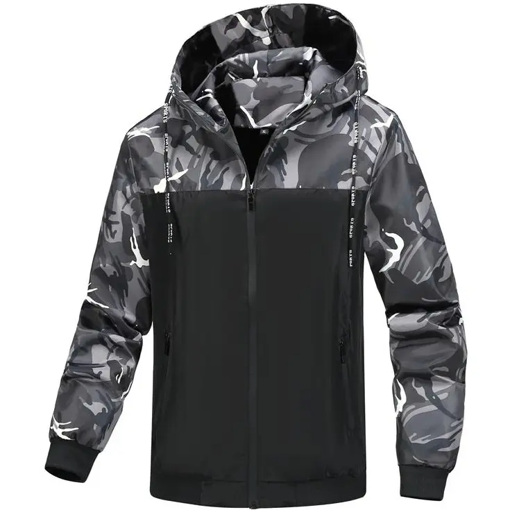 Men’s spliced camo hooded windbreaker jacket, full zip, lightweight camouflage patchwork outerwear with pockets