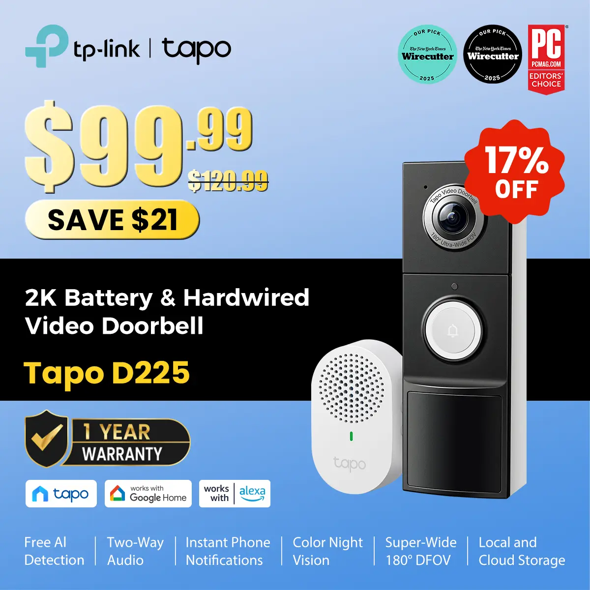 TP-Link & Tapo D225 Smart Video Doorbell Camera with Chime | 2K QHD, 180° Head-to-Toe View, Battery or Hardwired, Color Night Vision, FREE Person/Package/Vehicle AI Detection, Ring-Call, 24/7 Local Storage