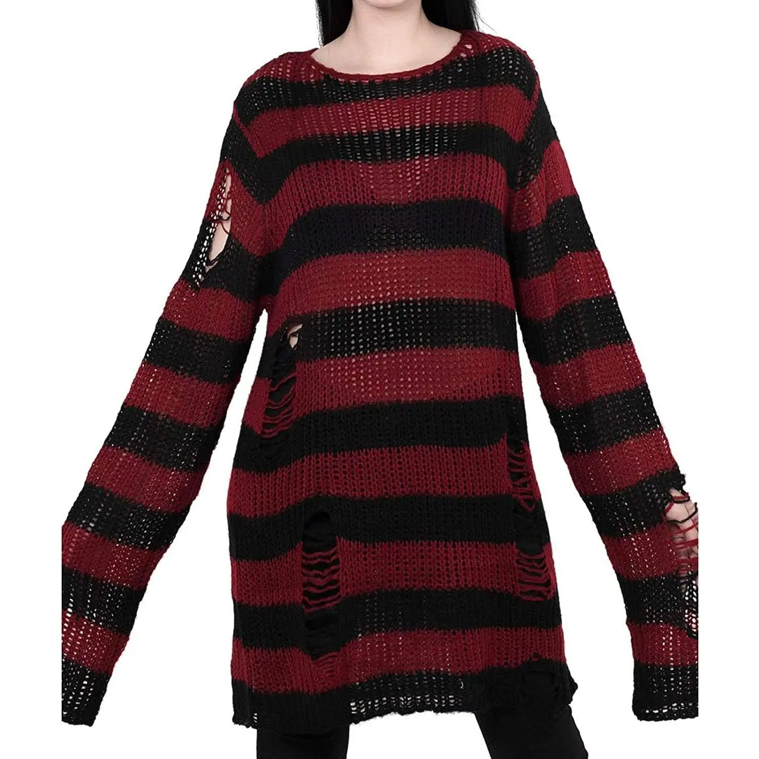 Women's See Through Hole Ripped Striped Long Knit Pullover Dress Sweaters Shirt Loose Fashion Knitwear Clothes