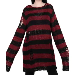 Women's See Through Hole Ripped Striped Long Knit Pullover Dress Sweaters Shirt