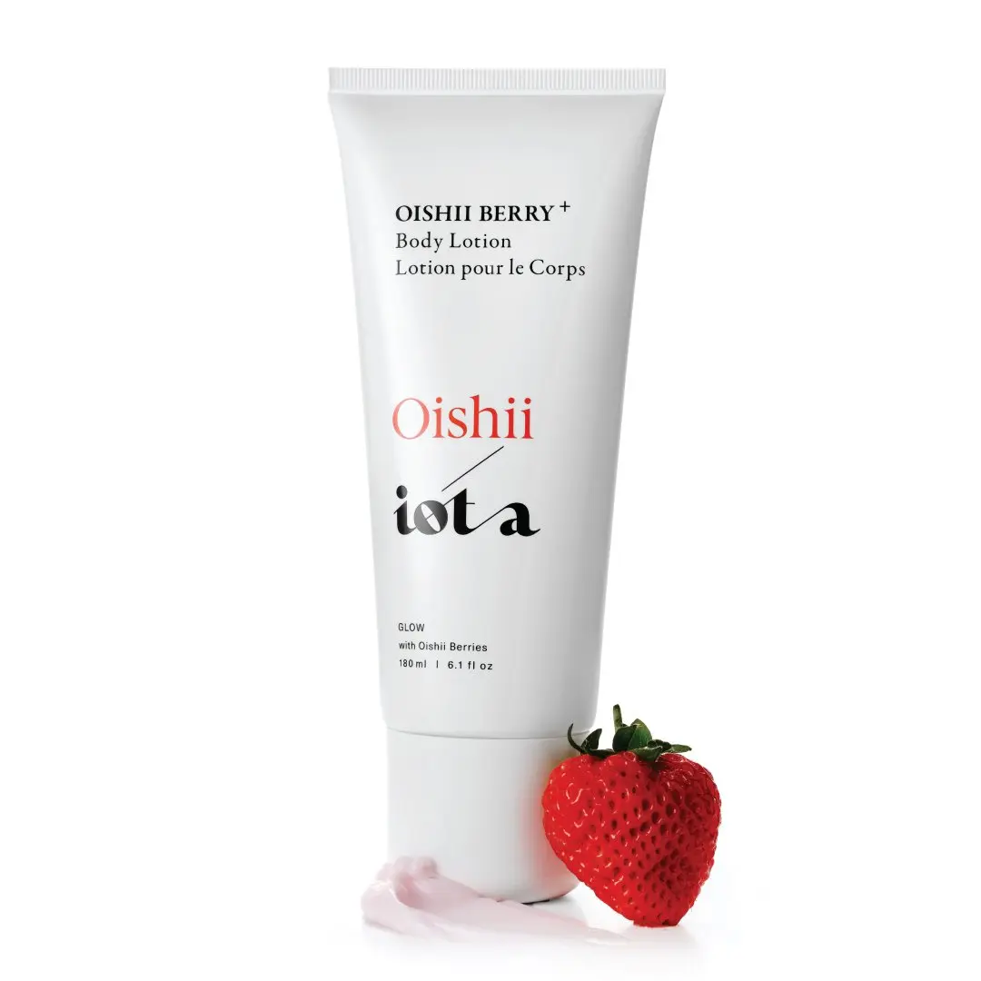 IOTA Oishii Berry Brightening Body Lotion with Ellagic Acid Niacinamide Caffeine Rambutan 24Hr Hydration Fine Lines Strawberry Scent