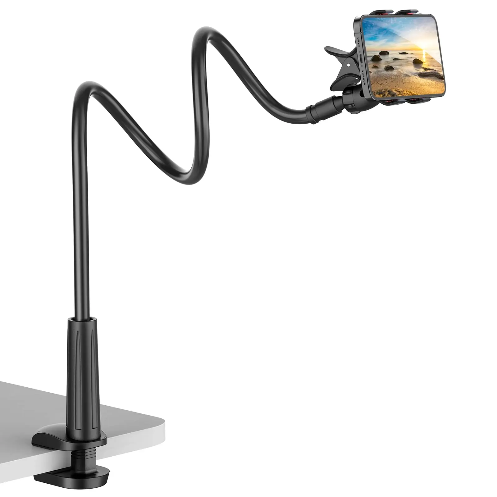 Gooseneck Smartphone Holder Stand, Aluminium Flexible Arm Adjustable Mobile/Cellphone Mount Clamp, Durable ABS Ergonomic Design, 360° Rotation Stable Base for Desk/Bedframe, Compatible with iPhone 12/13/14/15 Pro Max & Tablets (Phone Accessories)