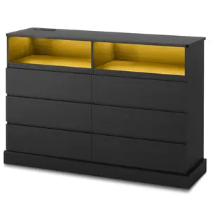 LED Dresser with  Charging Station Black Modern Chest Drawers Wood Cabinet Chest