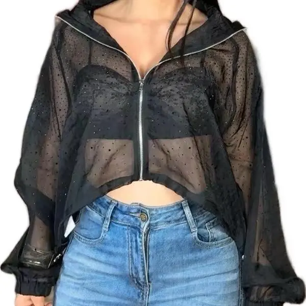 Sheer Oversized Rhinestone Zip-Up Jacket