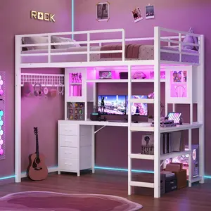ADORNEVE Gaming Loft Bed Twin Size with Desk & Hutch, Storage Drawers, Safety Power Outlet, Metal Loft Bed Frame with RGB Lights, Space Saving Loft for Kids, Guardrail & Ladder