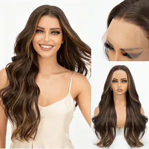 24-inch Omber Brown Highlight wigs for women DailyStyle Synthetic Lace Front Free Part 13*4 LaceFront/Curly Hair without Bangs body wavy Wig deep lace front glueless wear highlight Wave Glueless Dark full head coverage crimped transparent frontal HD Trans