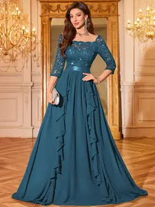 MIUSOL 35024A Sequin Floral Lace Boat Neck 3/4 Sleeve Chiffon Ruffle Trim Fold Pleated Formal Party Maxi Dress, Gown, For Evening, Wedding Guest