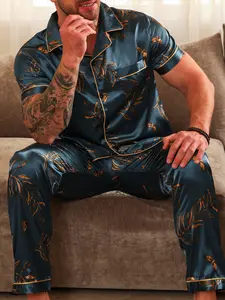 Men's Leaf Print Short Sleeve Long Pants Button Open Front Collar Sleepwear Pajama Set, Comfortable Casual Daily Night Wear, Ideal Home Leisure Loungewear Choice