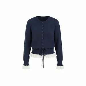 Cider Knit Two Tone Ruffle Trim Drawstring Knotted Cinched Waist Cardigan