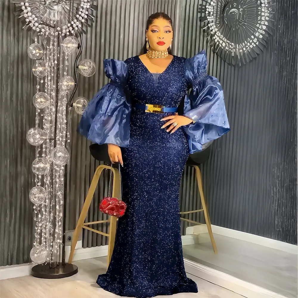 Women's Dress Blue Plus Size African Party Dresses for Women 2026 New Fashion Dashiki Ankara Sequin Wedding guest Gowns Elegant Turkey Prom Dress goddess valentine's day vacation Formal Wear Maxi summervibes Long Sleeve Womenswear