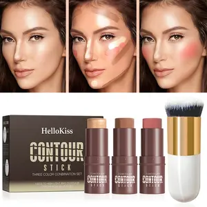 Waterproof Cream Contour Stick Set with Highlighter Pen, Blush & Bronzer, Powder Brush, Medium-Coverage Radiant Pore Minimising Contouring Stick Suitable for All Skin Types