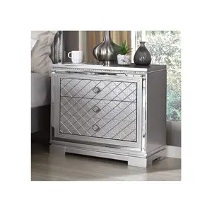 Silver Finish 1pc Nightstand Bedside Table Hidden Jewelry Drawer Chrome Square Knob USB Charger Bedroom Furniture