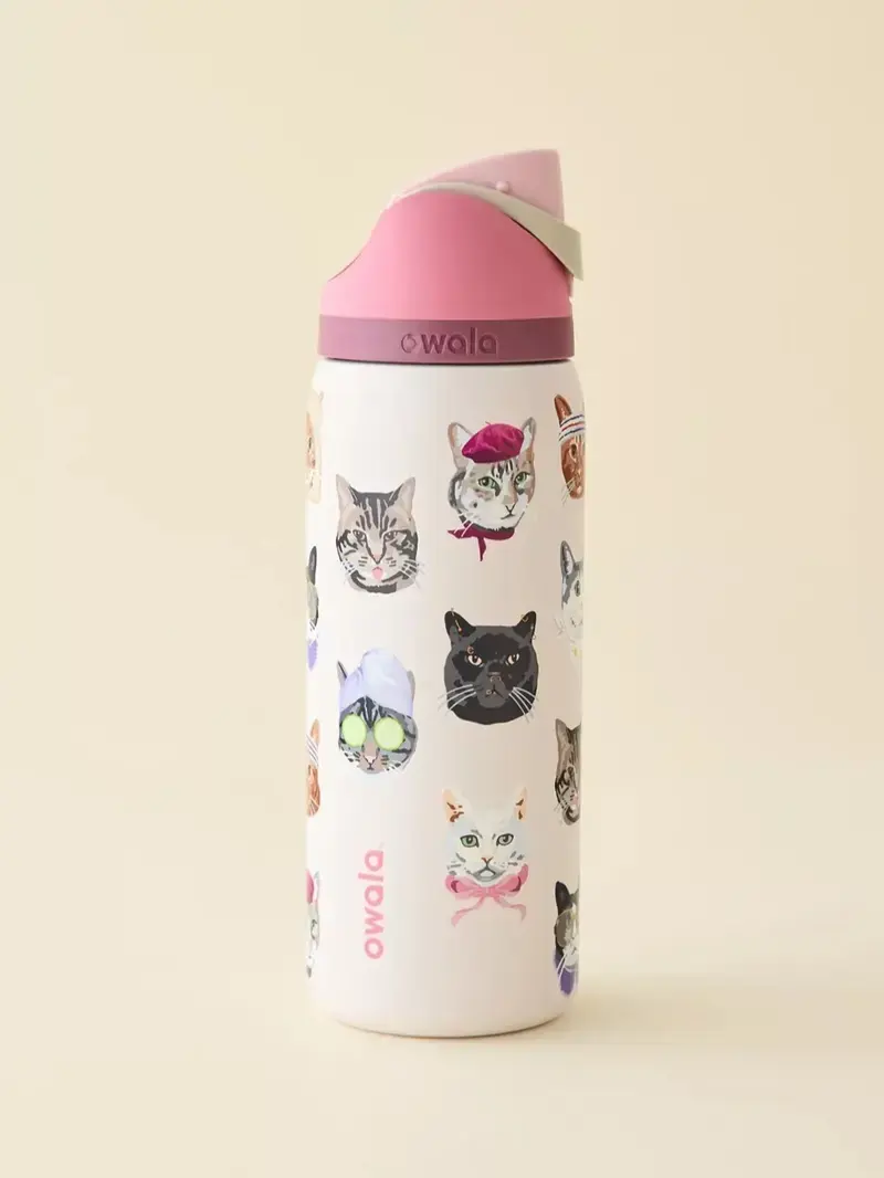 Authentic Owala FreeSip 32oz Insulated Stainless Steel Water Bottle - Cute Cat Collage Edition, Leak-Proof Straw Tumbler Gift for Cat Lovers