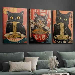 2D canvas wall art, framed 3-piece set - Cat Eating Ramen Triptych Art Theme Canvas Wall Print - Wrapped canvas frame, high-quality ink