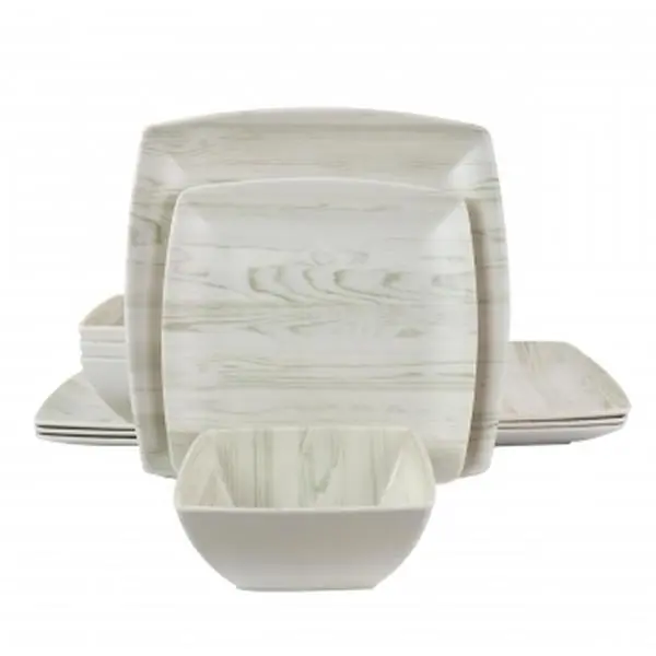 Gibson Home 87733.12 Woodgrain Melamine Tableware Set - 12-Piece Set with Dinner Plates, Plates, and Bowls