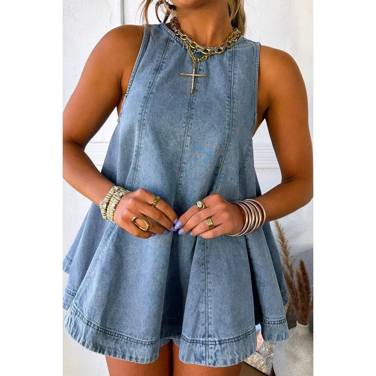 Flowy Sleeveless Denim Style Short Set