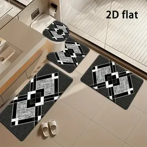 2D Flat, 4pcs Black And White Geometric Diamond Bathroom Mat Modern Style Minimalist Style Bathroom Mat Set Toilet Lid Mat And Rug Bathroom Decor U-Shaped Foot Mat