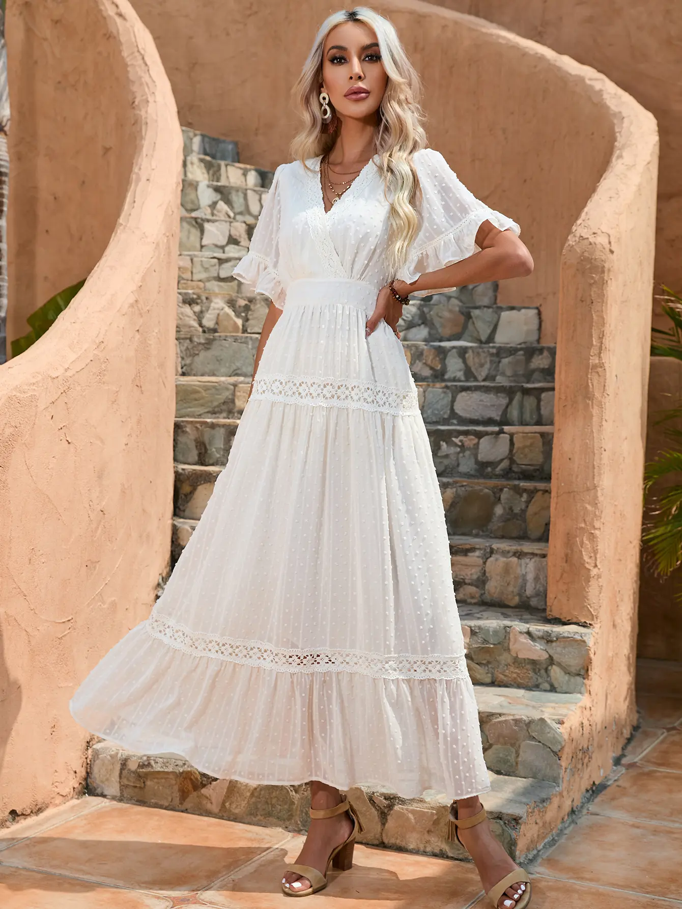 Summer pure white hydrangea V-neck dress FCT-W34612
