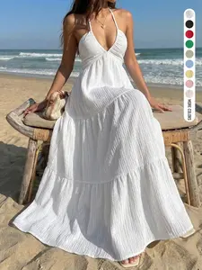 Women's Summer Daily French Vacation Beach Relaxed Backless Bow Layered Cake Flare Deep V Halter Neck Dress Home Outdoor City Regular Trend Casual Elegant Youthful Simple Versatile Texture Temperament Artistic