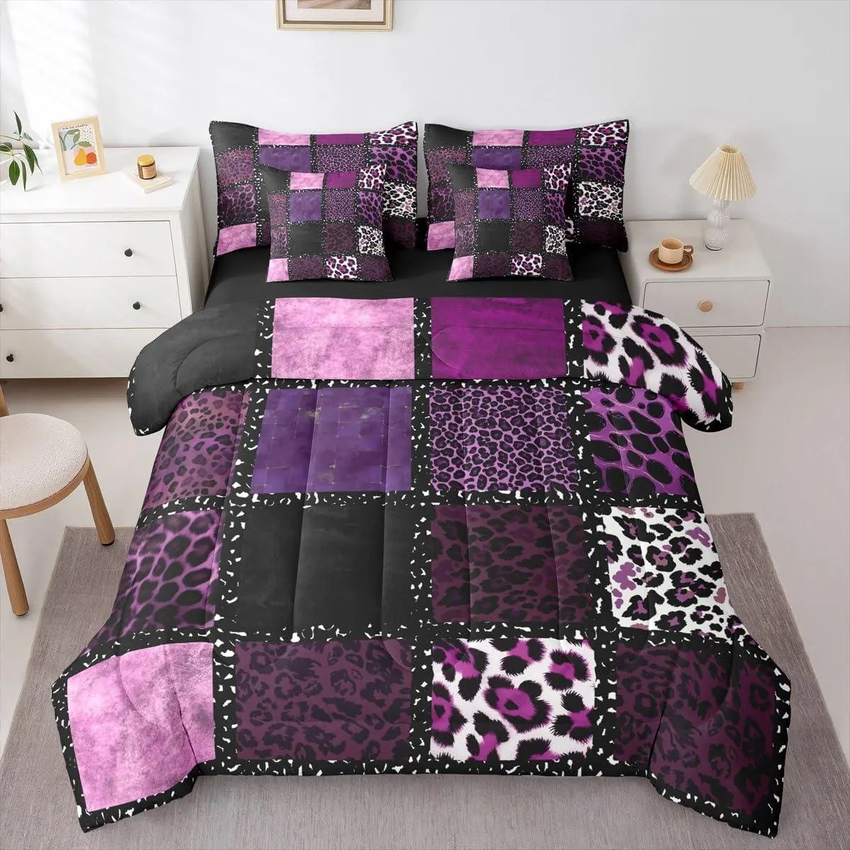 Feelyou 7-Piece Pink Leopard Print Queen Bedding Set - Animal Skin Texture Quilt, Patchwork Geometric Design, Includes Sheet Set, Pillowcases, Pillow Covers for Farmhouse Bedroom Decor, Quilt Bedding Set