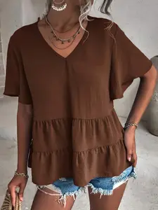 1 piece of women's light brown V-neck short-sleeved loose baby doll blouse top, sweet and cute style