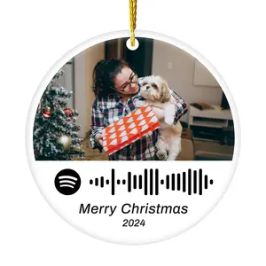 Personalized Photo Christmas Ornament 2024, Custom Christmas Tree Ceramic Ornament with Photo and Scannable Song Code, Keepsake Gift for Family, 3 inches Christmas Tree Decoration Ornaments