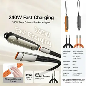 The detachable adapter with female socket folding bracket is available. It supports video viewing and gaming with a transmission speed of 480 Mbps. It comes with a 240W woven fast charging data transmission cable and a zinc alloy casing. It also includes