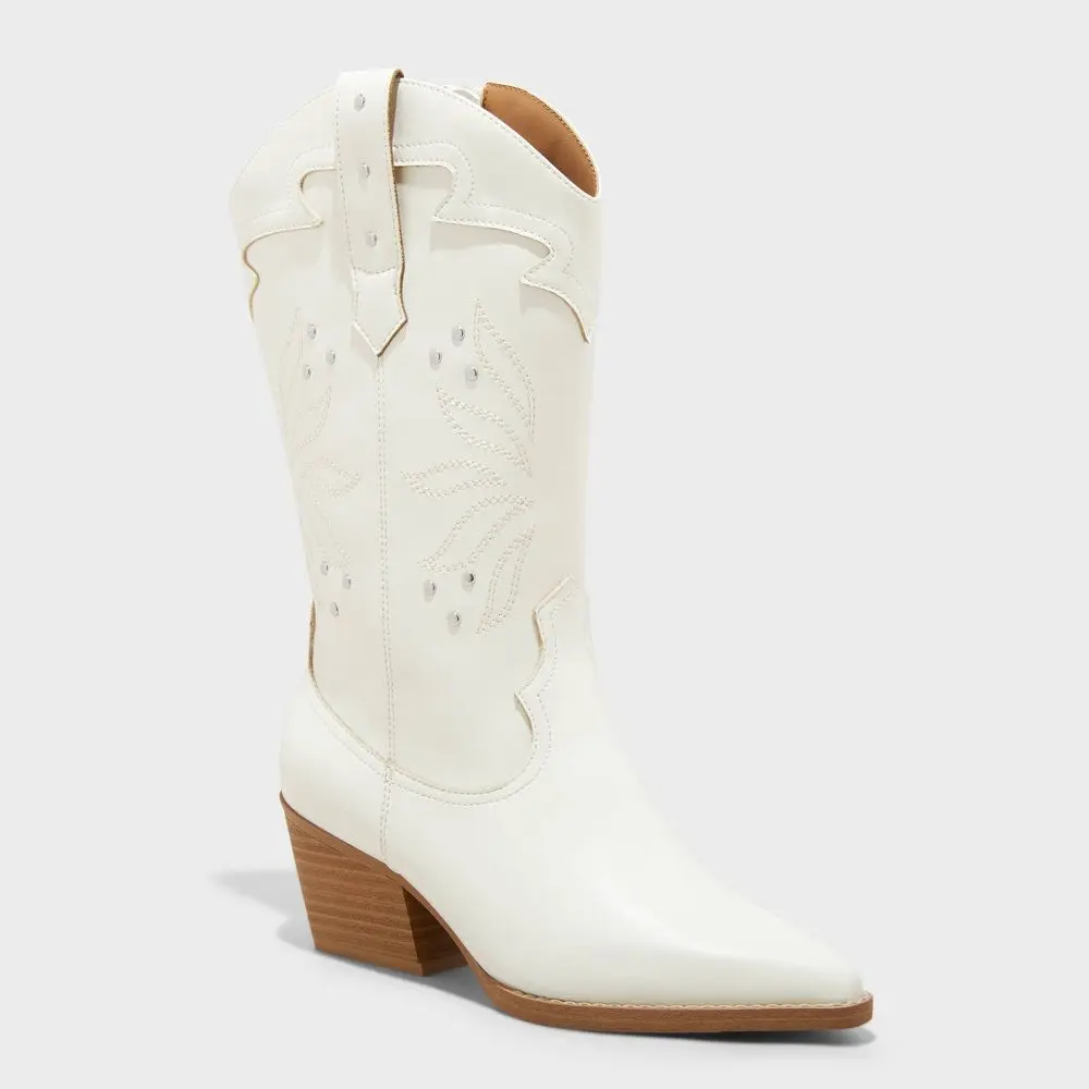 Women's Studded Western Cowboy Boots with Memory Foam Insole - Universal Thread Off-White 8.5: Mid Calf Zipper Closure Block Heel