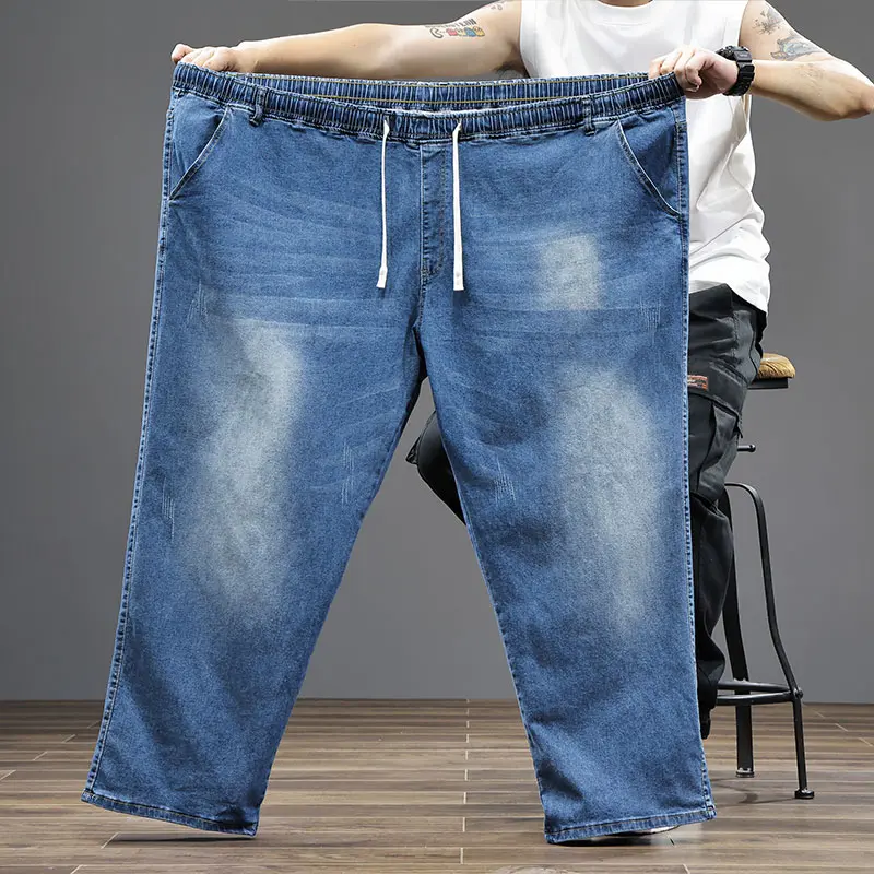 Men's Big & Tall Elastic Waist Drawstring Denim Jeans - Plain Retro Baggy Stretch Streetwear Menswear Bottoms, Oversize, Jeans Pants, Below The Ankle, Retro Vintage, 1980S Retro Men's Jeans
