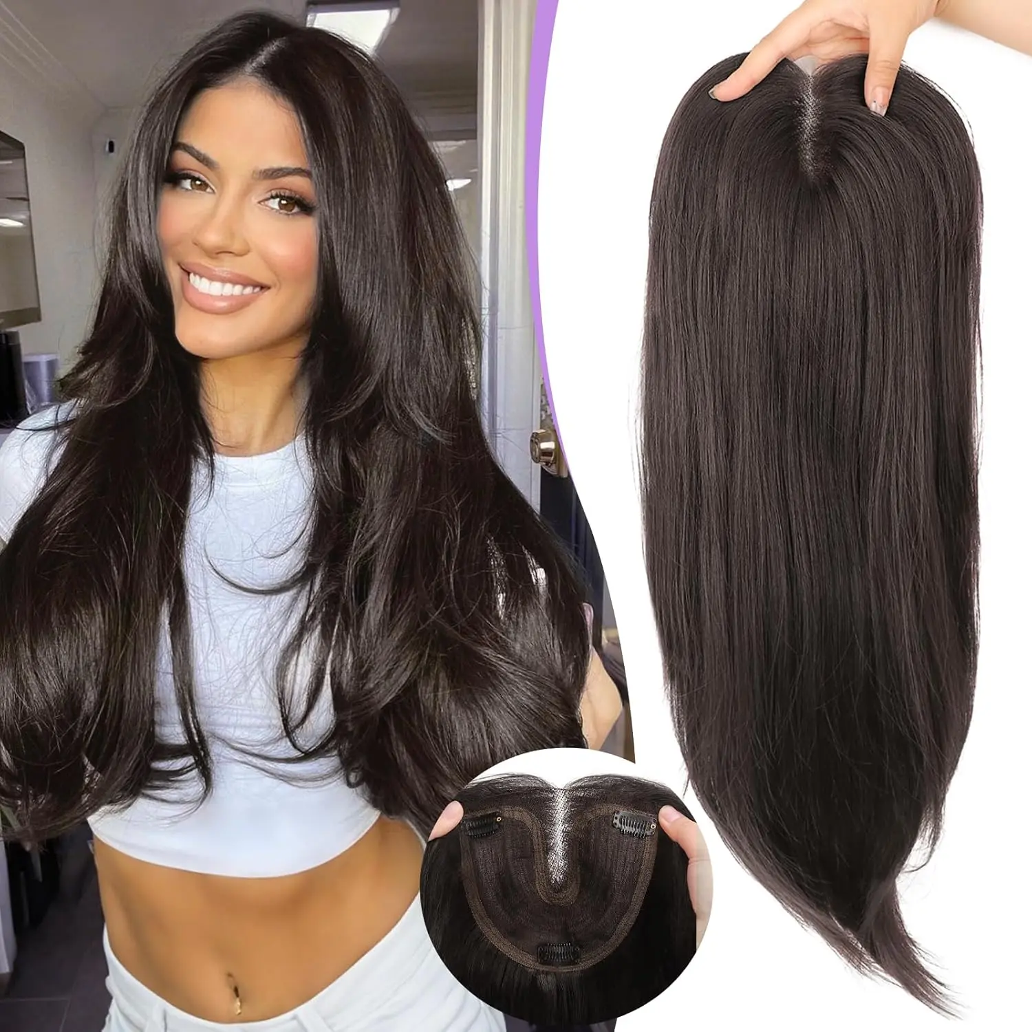 26 inch Hair Topper, Fluffy Toppers Hair Pieces for Women with 3 anti-slip clips, Easy to Wear ,3D 360° Cover Hair Toppers for Women with Hair Loss or Thin Hair