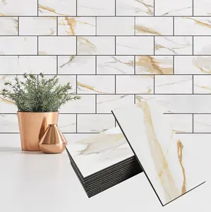 100-Piece Peel and Stick Backsplash Tiles – 3" x 6" PVC Subway Tiles in Calacatta Gold with Dark Gray Grout, Stick-On Wall Tiles for Kitchen, Bathroom, Fireplace, RV