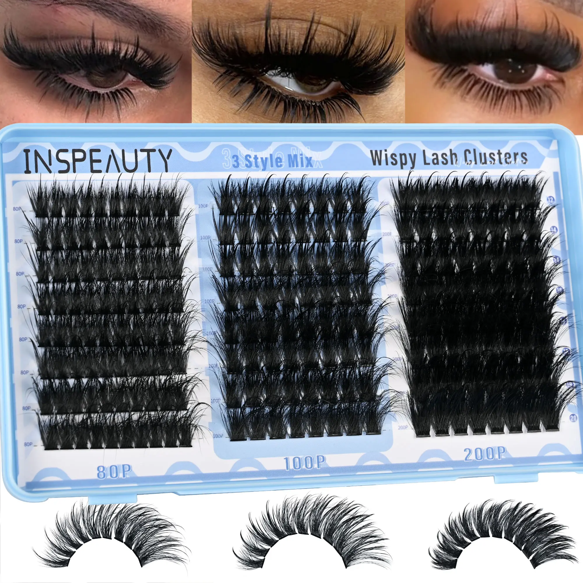 Volume Lash Clusters Spikes Cluster Eyelash Extensions 80+100+200D Thick Spiky Individuals Lashes 12-20mm Mega Wispy Eyelash Extension Fluff DIY D Curly Lash Extension 208 PCS by INSPEAUTY