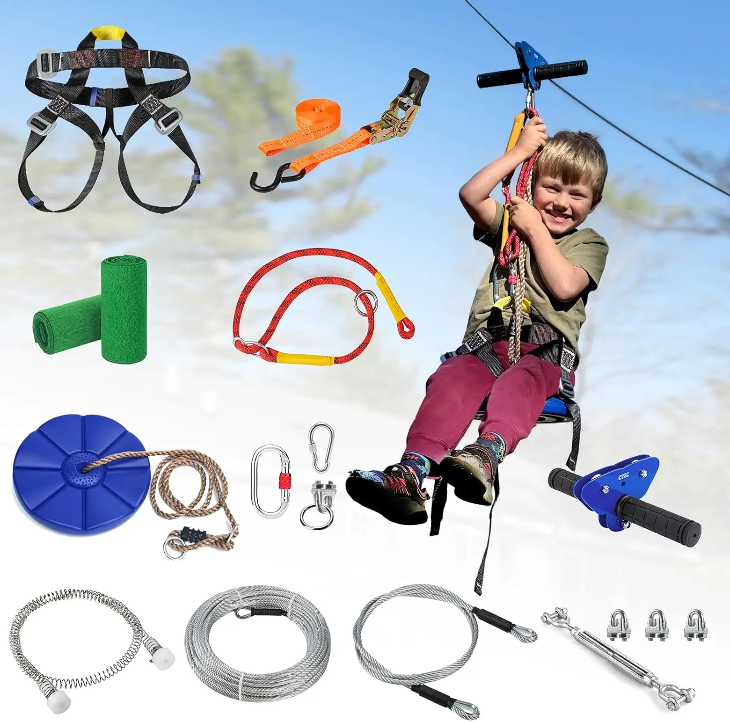 60-200FT Zipline for Kids and Adult, Zip line Kits for  with Stainless Steel Spring Brake, Cable Tensioning Kit, Safety Harness, 2 Tree Protectors and Full Set of Zip line Accessories backyard outdoor quick setup zipline