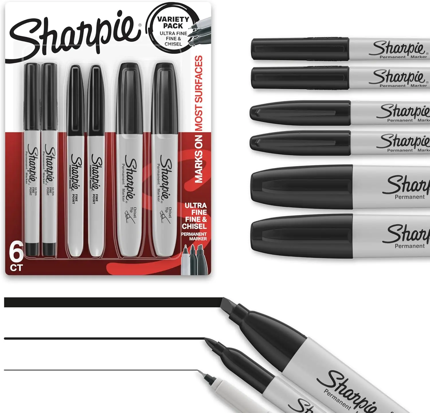 Sharpie Permanent Markers Everyday Multipack, 6-Count Black Markers with Chisel, Fine, and Ultra-Fine Tips for Office Stationery Needs