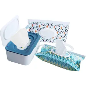 Wipes Dispenser with 2Pcs Portable Refillable Reusable Large Wipe Holder Box Flushable Wipes Container for Bathroom Pet Nursery Kitchen Office Counter (White-Blue)