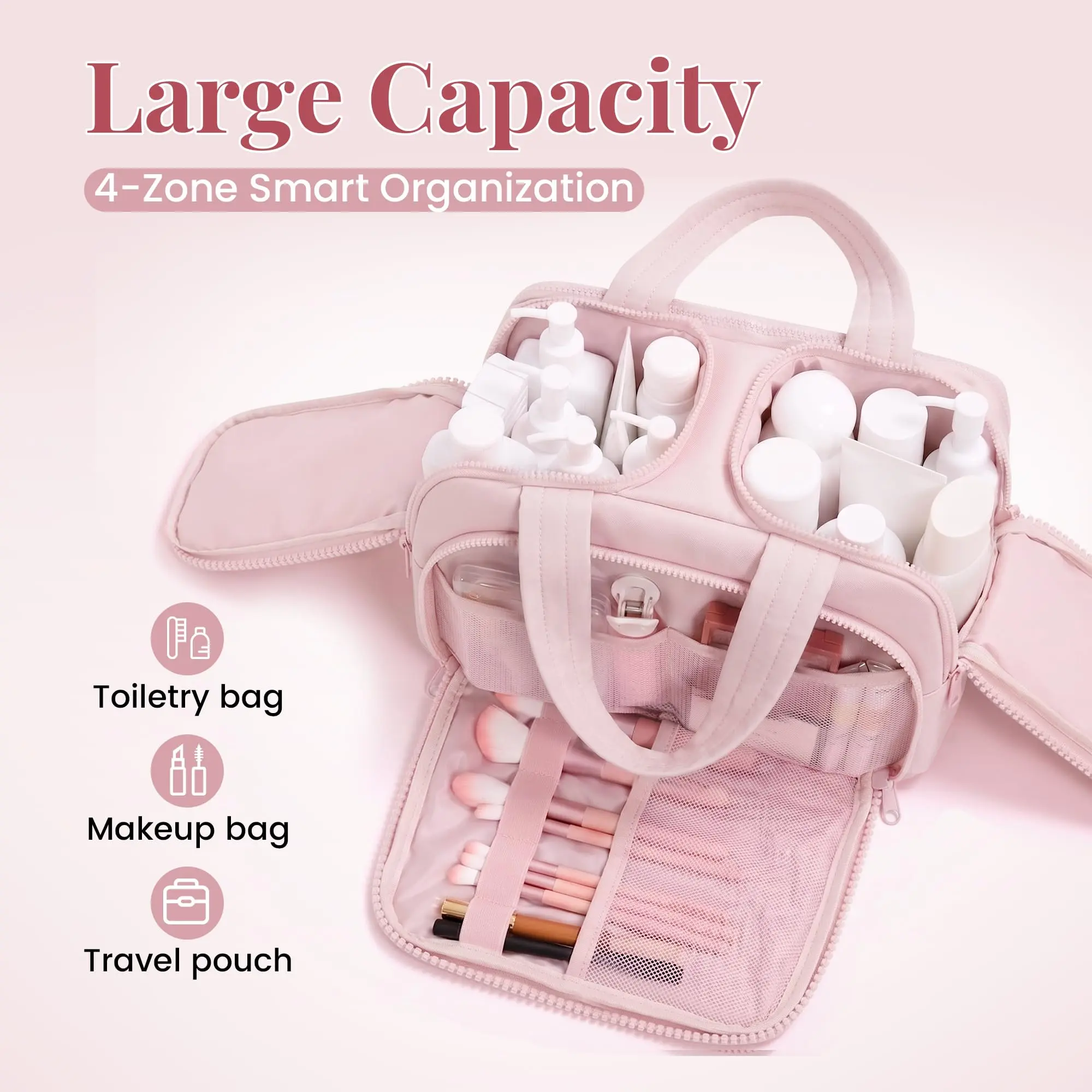Women's Polyester Plush Look Makeup Bag - Dual Wide Access Opening, Zipper Closure, Large Capacity, Portable Lightweight Travel Cosmetic Pouch & Toiletry Organizer for Summer Vacation Daily Use, Dual Opening