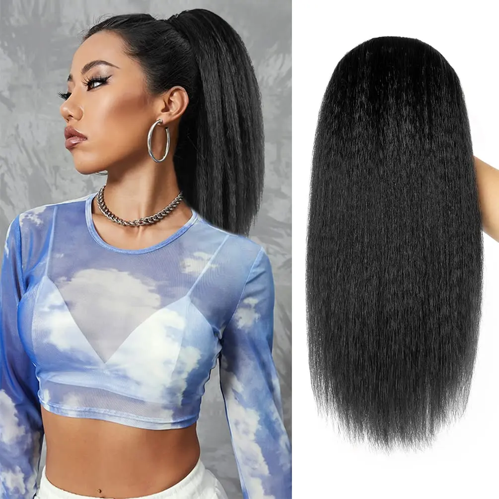 Straight Ponytail Extension for Black Women, 14 Inch Black Fluffy Thick Synthetic Yaki Ponytails, Drawstring Yaki Ponytail for Black Women Girls (Natural Black 1B)