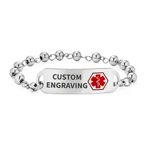 Name Tag Medical ID Bracelet Ball Bead Link Chain Stainless Steel 77.5 Inch