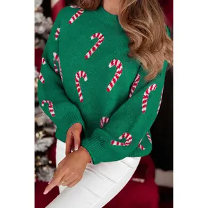 Dark Green Christmas Candy Cane Holiday Drop Shoulder Sweater