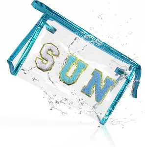 Clear Makeup Bag Sunscreen Pouch Beach Vacation Essentials Waterproof Summer Stuff Travel Toiletry Purse for Women Teen Girl Personalized Easter Gifts with Preppy Chenille Letter Blue SUN