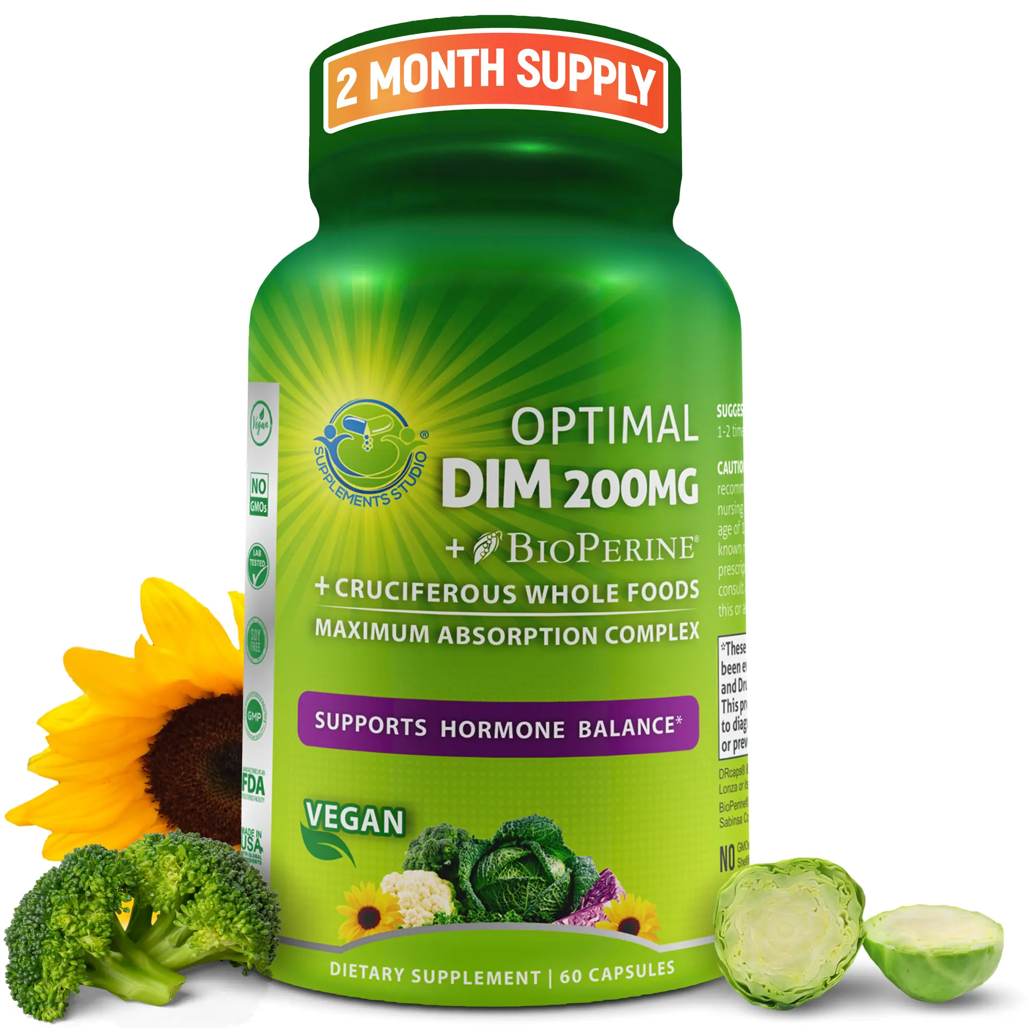 SUPPLEMENTS STUDIO DIM 200mg Supplement for Women & Men - Vegan DIM with Organic Whole Food Blend - Supports Hormone Balance - Easy to Take Delayed Release Capsules - 60 Count