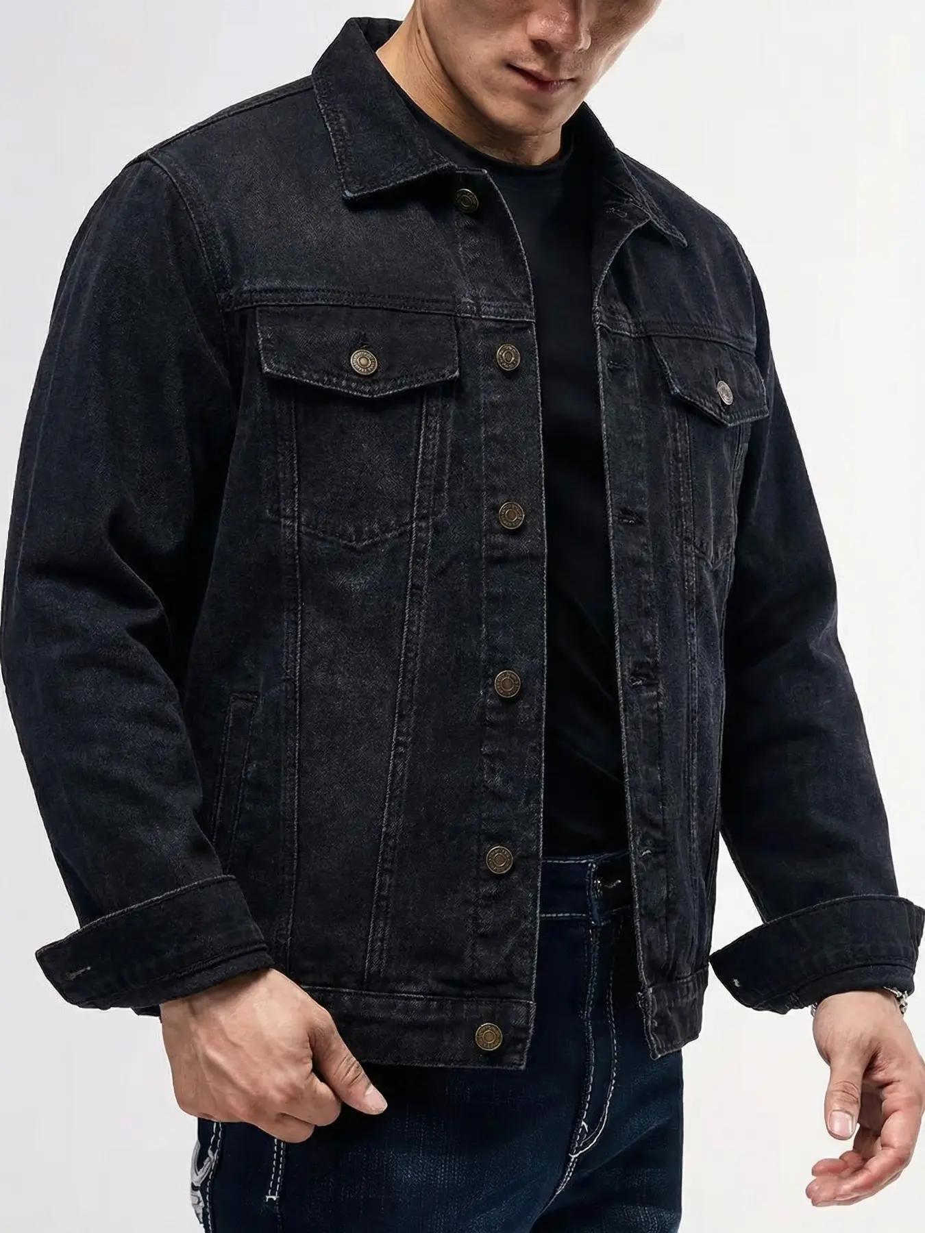 Men's Vintage Stone-Washed Denim Jacket, Long Sleeve, Loose Fit, Casual Stand-Up Collar, with Flap Pockets, Classic Streetwear Style Coat, Suitable for Daily Wear and Outdoor Activities, Ideal Gift for Boyfriend or Husband