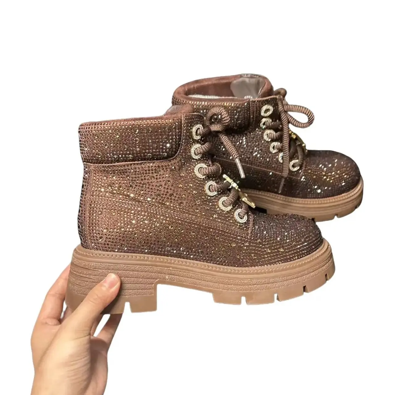 Women's Glitter Rhinestone Cuban Star Statement Ankle Boots - Chunky Sole, Lace-Up Fit, Comfortable Wide Fit, Round Toe, Slip Resistant Winter Walking Shoes for Casual Wear, Star Pattern, Bold Glitter Look
